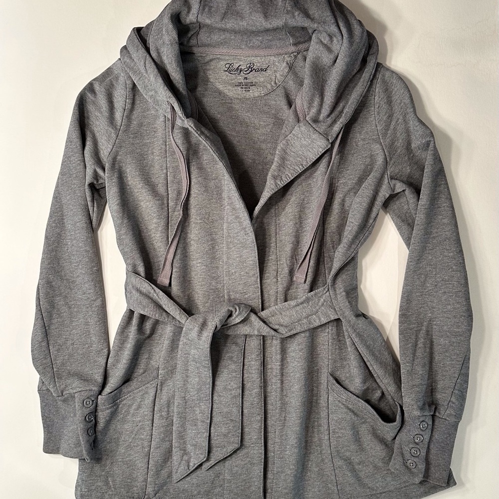 Lucky Brand M Open Front Jacket Wrap Tie Belt Sweatshirt Hood French Terry Gray